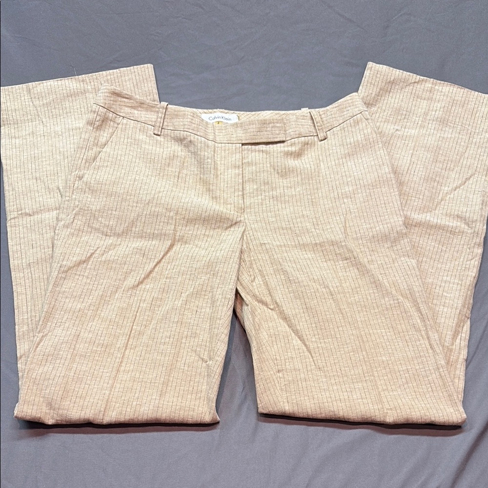 Chic Calvin Klein Women's Tan Pinstripe Wide-Leg Linen Blend Trousers